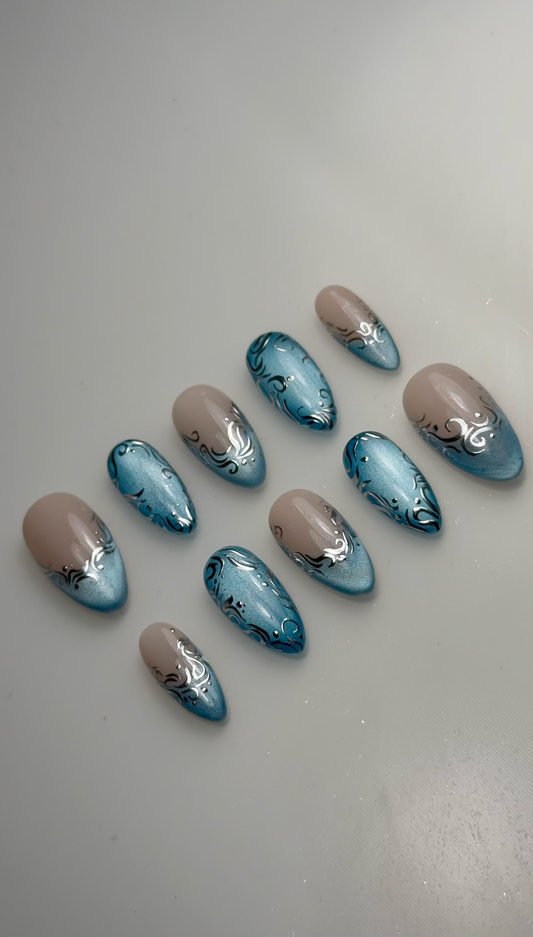 Blue Cat Eye + Silver Chrome Accent Nails